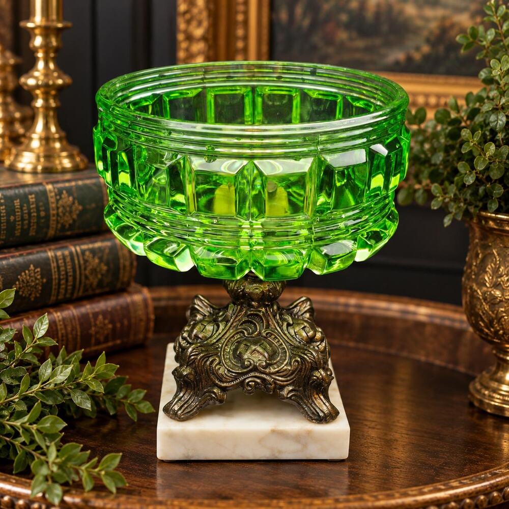Vintage Emerald Green Glass Compote Bowl - Ornate Metal Pedestal Marble Base